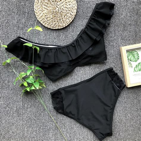 Free Shipping Ruffled High Waist Bikini Female Polka Dot Swimsuit Women Bandeau Swimwear