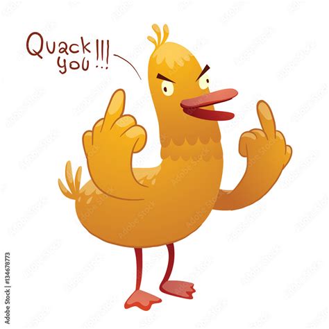 Vector Cartoon Image Of A Funny Yellow Duck With Red Beak And Paws Standing Showing Fuck By