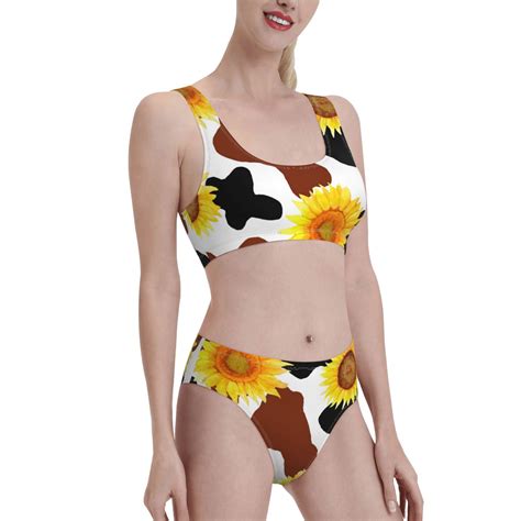 Zeuib Cow Print Sunflower Print Women Two Piece Swimsuit High Waisted Halter Bikini Sets Women S