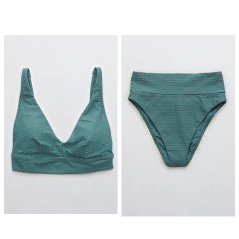 Aerie Swim Aerie Jacquard Longline V Scoop Bikini Top And High Cut Cheeky Bikini Bottoms