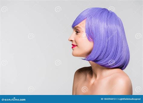 Naked Girl In Purple Wig Isolated On Grey Stock Image Image Of Happy Happiness 184394413