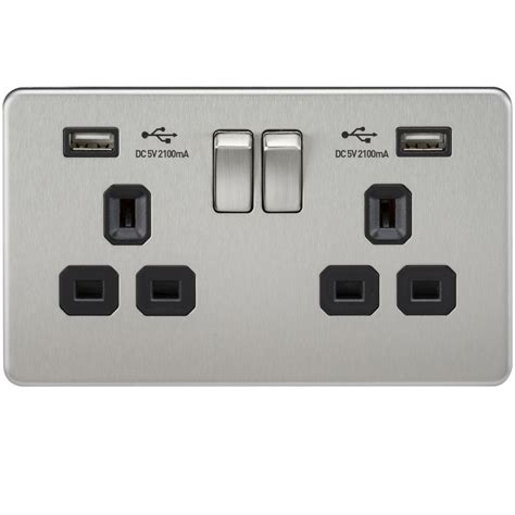 Screwless 13a 2 Gang Brushed Chrome Switched Socket With Dual Usb Charger