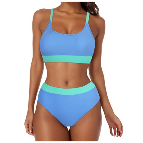 Bobogojp Swimsuit Women Two Piece Bikinis Set Solid Scoop Neck Push Up Bikini Swimsuits
