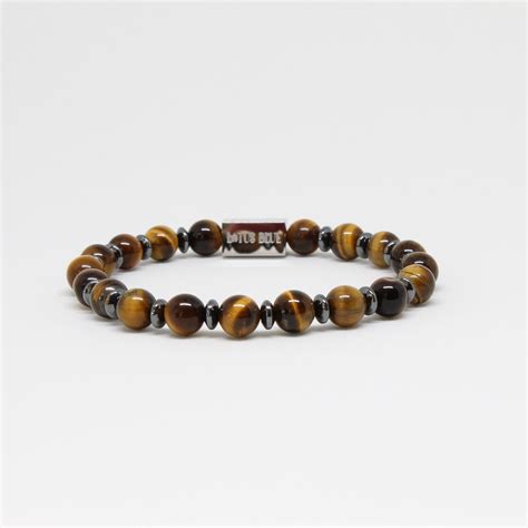 Tigers Eye And Hematite 8mm Bracelet Silver Lotus Blue