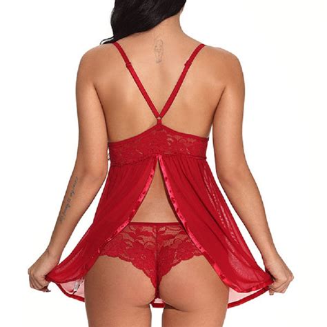 Sexy Women V Neck Lace Baby Doll Mesh Chemis Sleepwear Open Back Lingerie Power Day Sale