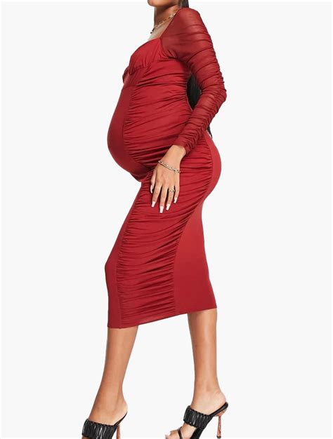 Myrunway Shop Asos Red Maternity Mesh Sleeve Ruched Midi Dress For