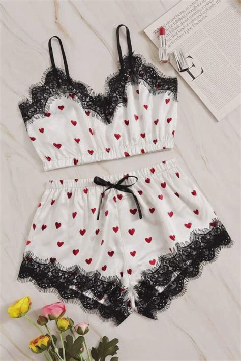 Heart Print Eyelash Lace Satin Lingerie Set On Sale Now Artofit