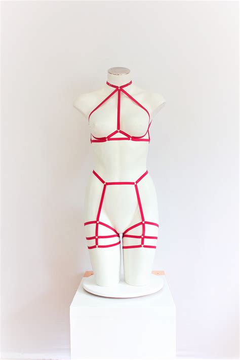 Red Body Harness Lingerie High Waist Lingerie Halter Top Red Cage Bralette Strappy Lingerie