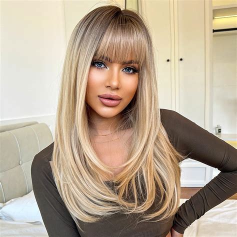 Amazon Haircube Long Blonde Wigs For Women Straight Synthetic Layered Wig With Bangs And