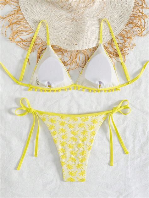 Swim Mod Women S Yellow Special Knit Coconut Palm Pattern Cute Pom Pom Accent Bikini Swimwear