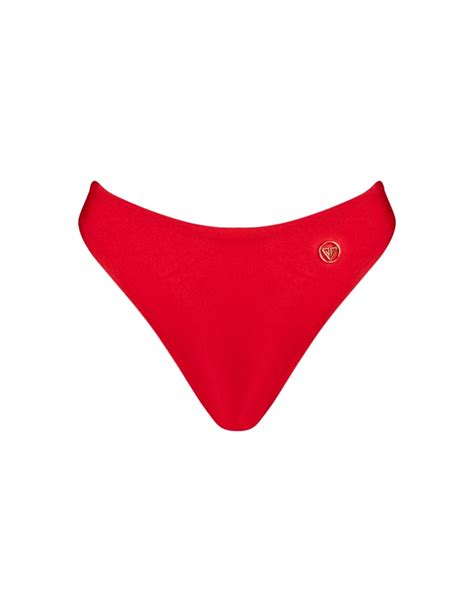 Red High Waisted Classic Bikini Bottom With Gold Logo S Vivien Vance