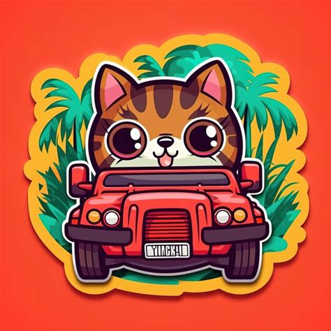 Lindo Gato De Dibujos Animados Conduciendo Un Coche Foto Premium