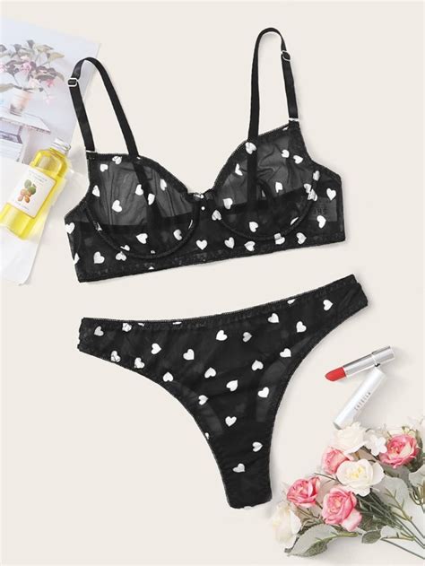 Heart Pattern Mesh Underwire Lingerie Set Shein Uk