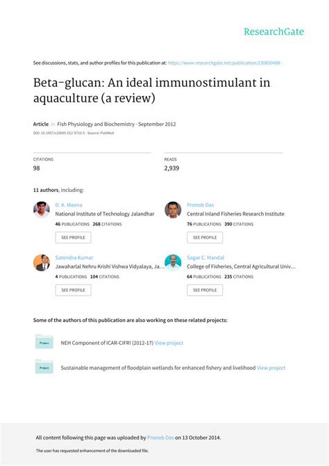 Pdf Beta Glucan An Ideal Immunostimulant In Aquaculture A Dokumen