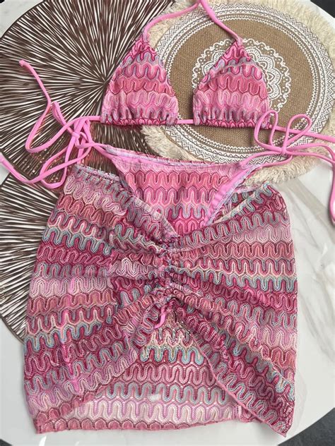 Women Swimsuit Knitted Bikini Skirt Three Piece Set Split Swimsuit Bikini