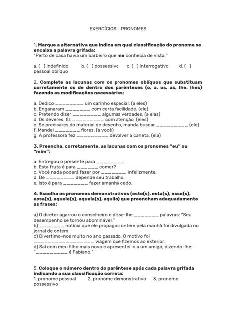 Exercícios Sobre Pronomes - Exercícios sobre Pronomes e Suas Classificações | PDF | Pronome | Gramática