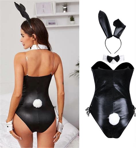 Women S Sexy Black Bunny Costume Cosplay Lingerie Set Patent Leather Bunny Girl Senpai Roleplay