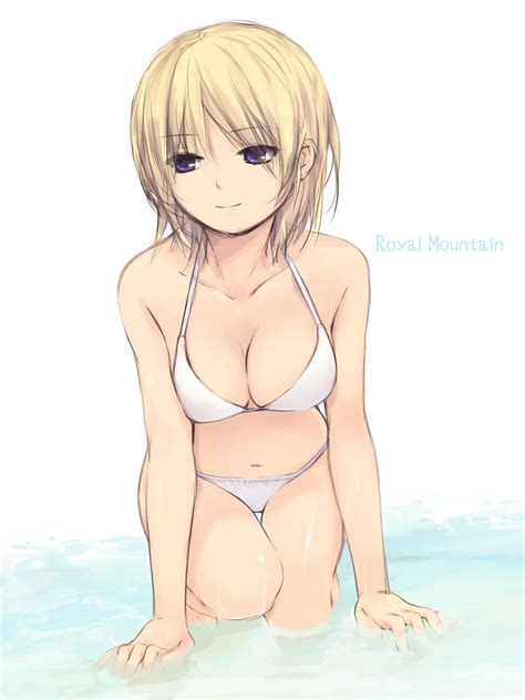 Xbooru 1girl Beach Bikini Blonde Hair Breasts Cleavage Coffee Kizoku Navel Original Partially
