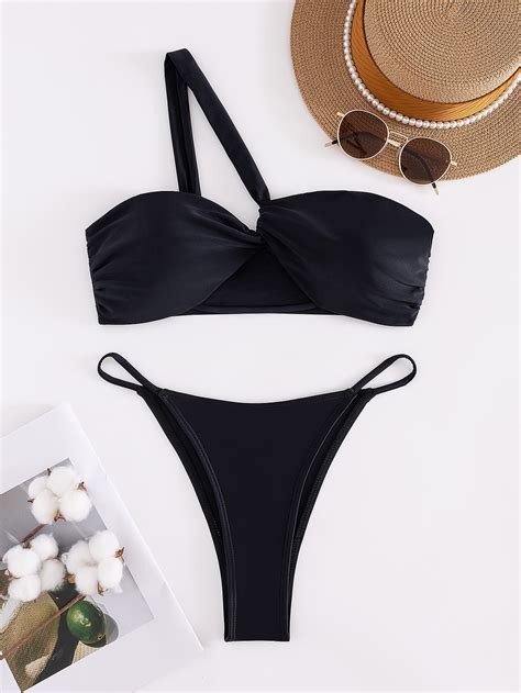Women S Two Piece Swimsuit With Solid Color One Shoulder Design And High End Bikini Style