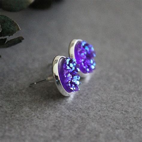 Purple Stud Earrings Ultra Violet Earrings Purple Druzy Etsy