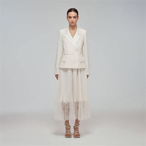 self-portrait Cream Tailored Bouclé And Chiffon Midi Dress | REVERSIBLE