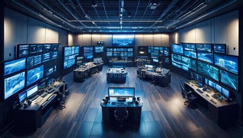Modern Mission Control Center With Multiple Screens Showing Data