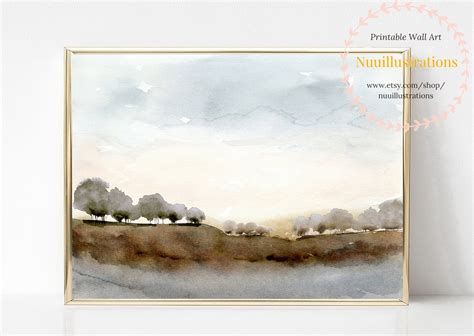 Watercolor Landscape Wall Art Print Hill Tree Printable | Etsy