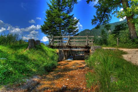 Wallpaper Bridge Landscape Nature Hdr Stream Trees Grass