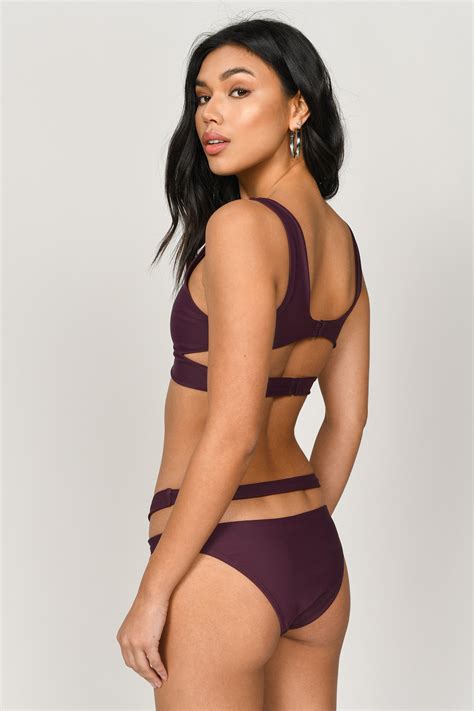 Purple Bikini Hip Cut Out Bikini Mauve Strappy Mid Rise Bikini