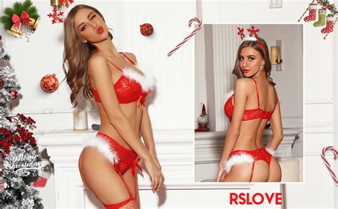 Rslove Women Santa Lingerie Set Sexy Christmas Bra And Panty Sets With Garter Belt Lace Teddy