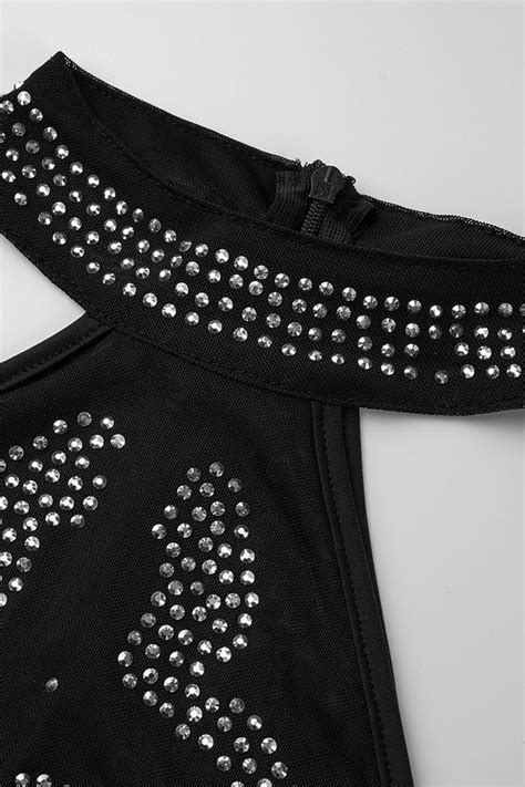 Wholesale Black Sexy Solid Patchwork See Through Hot Drill O Neck Pencil Skirt Dresses K