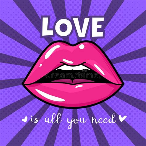 Lips Female Red Glossy Mouth Hot Sexual Kiss Pop Art Vintage Trendy Colorful Poster Design Or