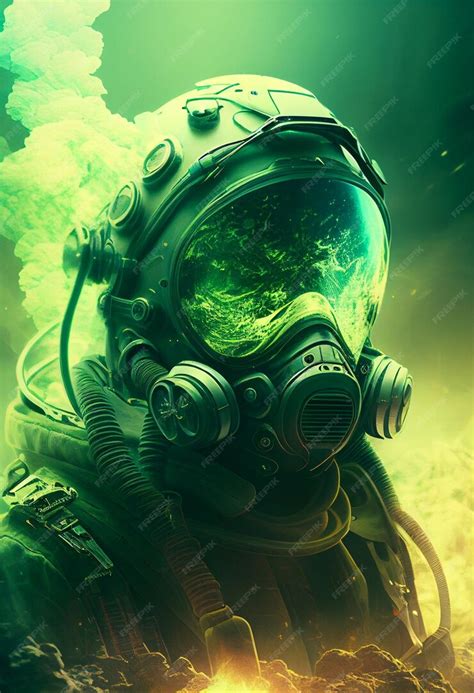 Premium Ai Image A Man Wearing A Gas Mask With A Green Background And