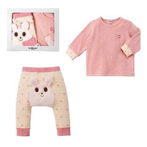 HOT BISCUITS ミキハウス 出産祝い 内祝い 長袖TシャツベビーパンツセットBOX付き 紺 グリーン ピンク アイボリー