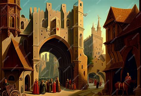 Premium Photo A Medieval Town With Townspeople Walking Its Streets Ai