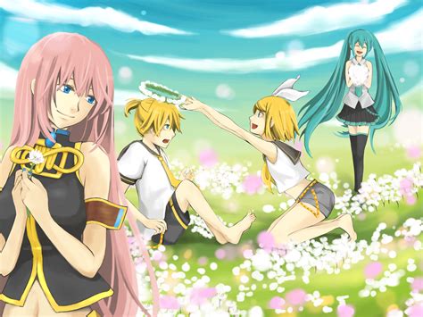 Aqua Hair Blonde Hair Flowers Group Hatsune Miku Kagamine Len Kagamine Rin Male Megurine Luka