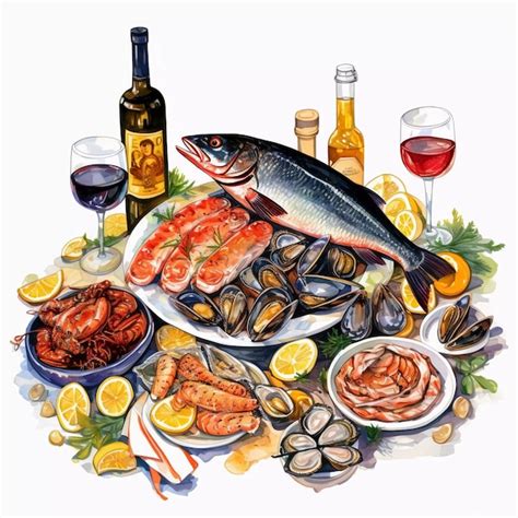 Premium Photo Watercolor Seafood And Wine Seafood Dinner Painting