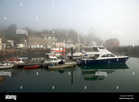 Padstow Cornwall Uk Harbor Harbour Quay Marina Mist Fishing Boats Stock