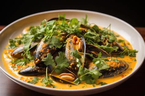 Premium Photo Mussels In A Coconut Milk And Curry Sauce Topped
