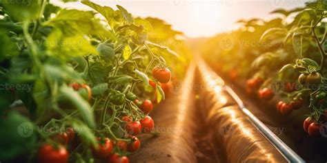 Organic Tomato Cultivation in Agricultural Farm. Tomatoes Growing on