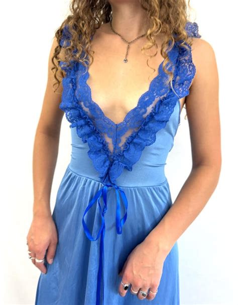 Vintage 1970s 70s Blue Lace Lingerie Slip Dress Night Gem