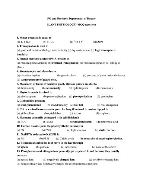 Mcqs Plant Physiology Pg And Research Department Of Botany