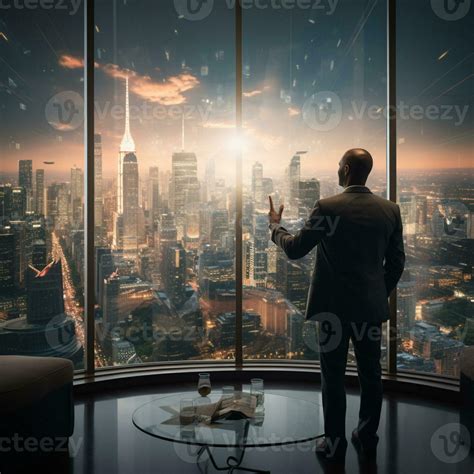 Back view of businessman looking at big modern city, planning future