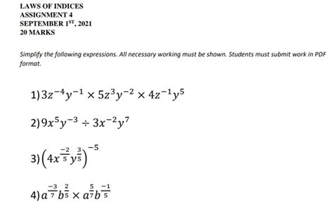 Solved Laws Of Indices Assignment 4 September 1st 2021 20 Algebra Gauthmath