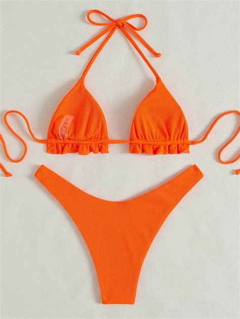 SHEIN Swim Neon Oranje Geribd Bikini Set Franjestrim Halternek Driehoek Beha Tops Hoog