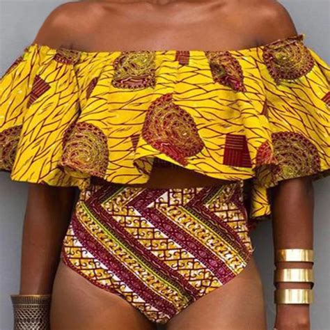 OUTAD Sexy Women S Swimsuit With High Waist Off Shoulder Bikini Africa Tribal Swimwear Print