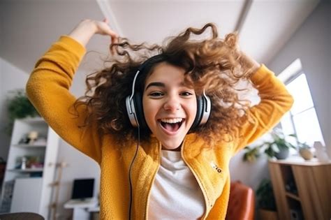 Feliz E Engra Ada Garota Adolescente Latina Da Gera O Z Usando Fones De Ouvido Dan Ando Em Casa