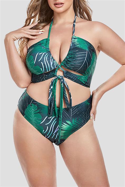 Wholesale Green Leaf Print Backless Vacation Halter Bikini Set Lace Up