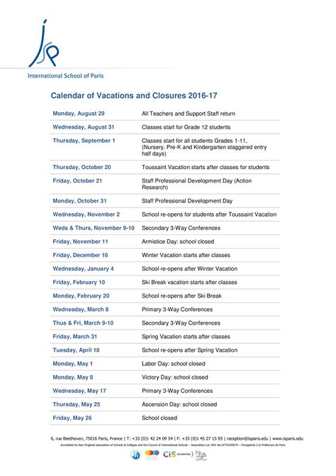 Sample vacation calendar