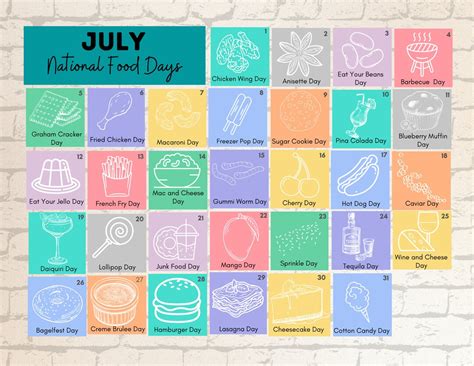 Printable July National Days Food Holiday Calendar Etsy